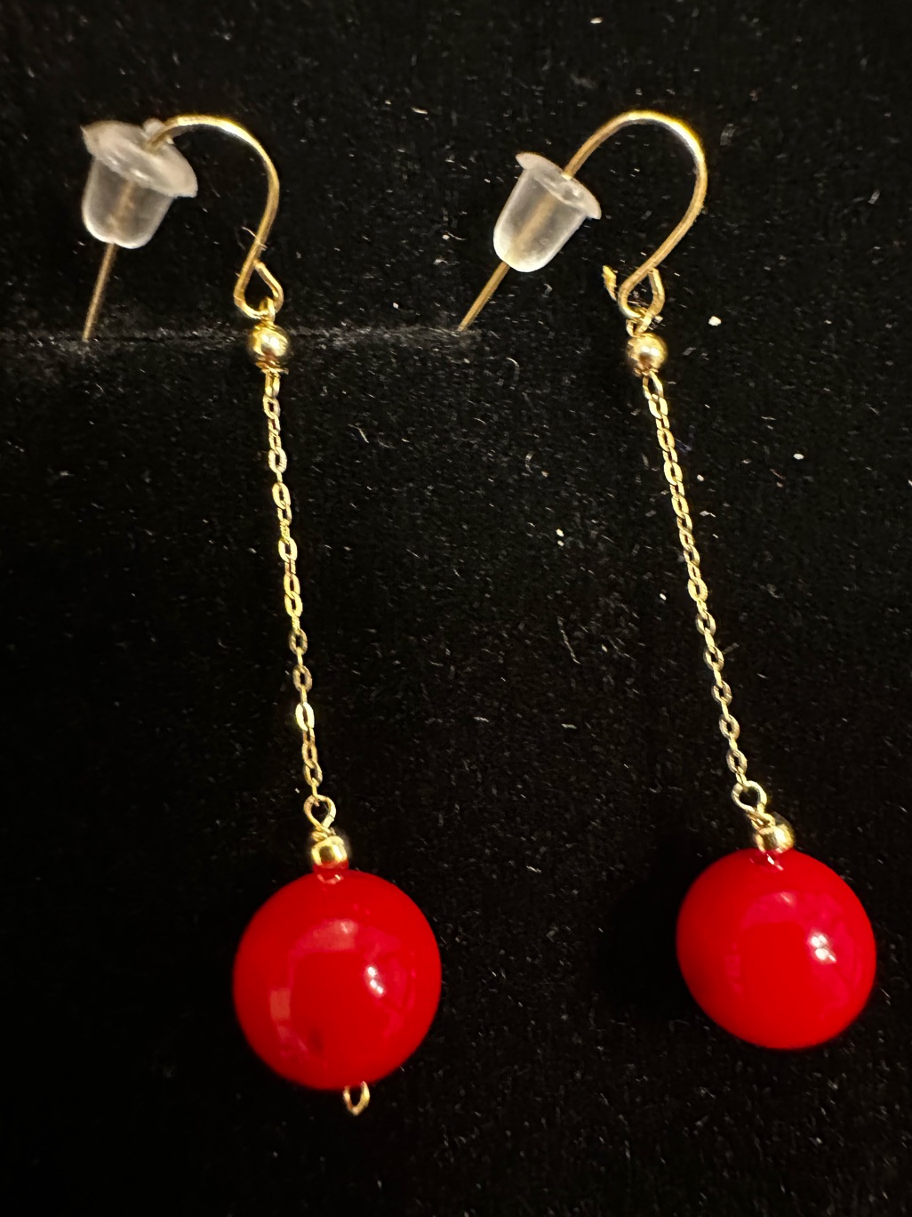 New 14k Solid Gold Earrings Long Dangle Red Coral Solid 14k Gold Earrings